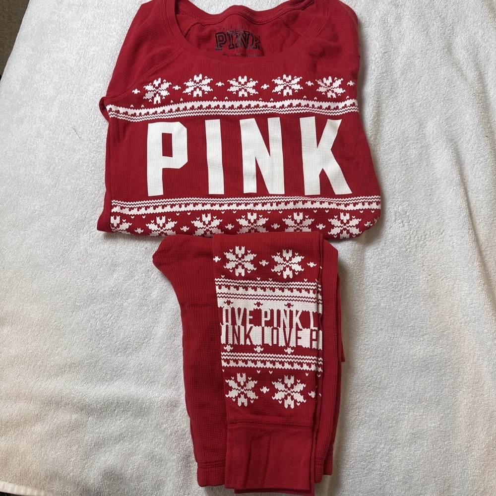 PINK Victorias Secret Womens S Red Fair Isle Thermal Pajama Set 2pc
